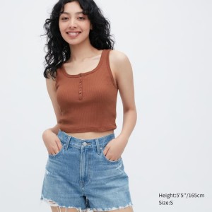 Women's Uniqlo Ribbed Henley Neck Cropped Vest Brown | KDUF-84102