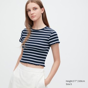 Women's Uniqlo Ribbed Striped Frill Short Sleeved T Shirts Navy | PHGT-28591