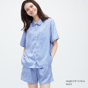 Women's Uniqlo Satin Printed Pajamas (Short Sleeve) Loungewear Blue | NBIF-71490