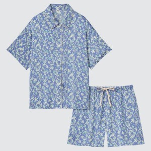 Women's Uniqlo Satin Short Sleeved Loungewear Blue | WVXS-95142