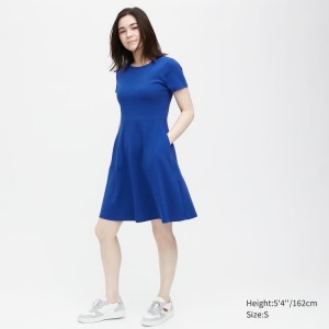 Women's Uniqlo Short Sleeved Flared Dress Blue | KZBS-13965