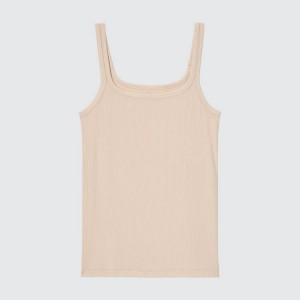 Women's Uniqlo Silk Blend Airism Ribbed Sleeveless Tops Beige | LMOV-40387