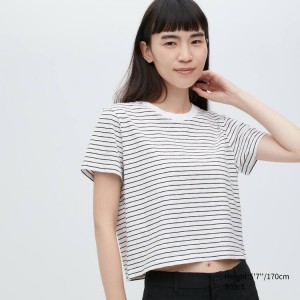 Women's Uniqlo Slub Jersey Cropped Striped Short Sleeved T Shirts White / Black | PDYV-38967