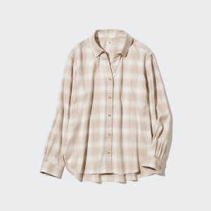 Women's Uniqlo Soft Brushed Checked Long Sleeved Shirts Beige | NJEP-93170