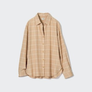 Women's Uniqlo Soft Brushed Checked Long Sleeved Shirts Beige | MHST-92685