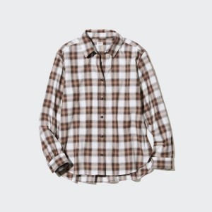 Women's Uniqlo Soft Brushed Checked Long Sleeved Shirts Brown | SFIH-52801