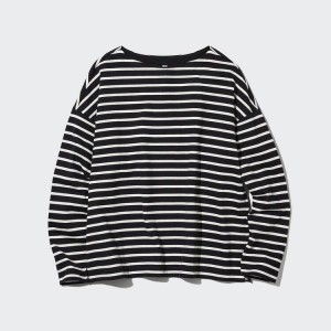 Women's Uniqlo Striped Long Sleeved T Shirts Black | KHVE-03897