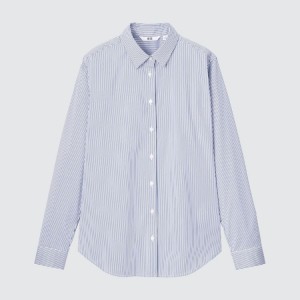 Women's Uniqlo Supima Cotton Stretch Broadcloth Striped Long Sleeved Shirts Blue | ZVCJ-08261