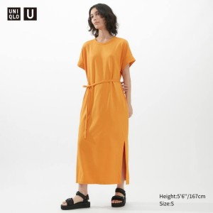 Women's Uniqlo U Airism Cottoned Short Sleeved Dress Orange | IWQM-03982