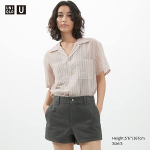 Women's Uniqlo U Sheer Striped Short Sleeved Shirts Pink | OSYJ-94835