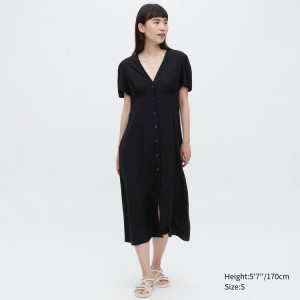 Women's Uniqlo V Neck Short Sleeved Flared Dress Black | SFZK-51876