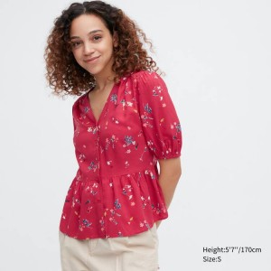 Women's Uniqlo Viscose Lawn V Neck Printed Volume Sleeved Blouse Red | WZAM-12547