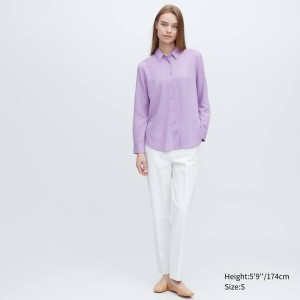 Women's Uniqlo Viscose Long Sleeved Blouse Purple | YJAB-19857