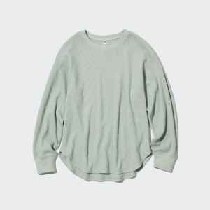 Women's Uniqlo Waffle Crew Neck Long Sleeved Tops Green | FACZ-31764