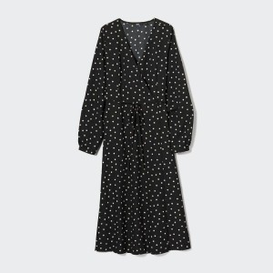 Women's Uniqlo Wrap Dotted Long Sleeved Dress Black | NUHB-67251