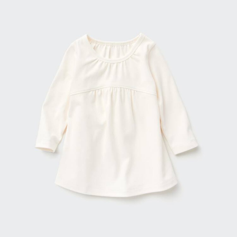 Baby Uniqlo Cotton Gathered Crew Neck Long Sleeved T Shirts White | ZGVW-24713