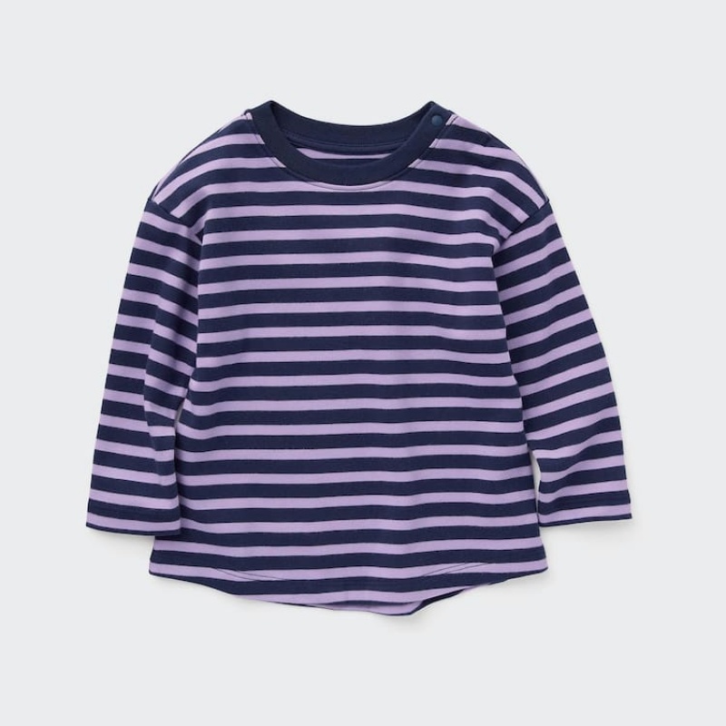 Baby Uniqlo Cotton Striped Crew Neck Long Sleeved T Shirts Purple | HJPY-69158