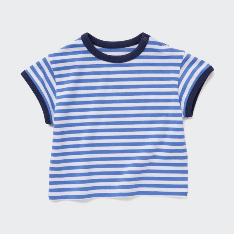 Baby Uniqlo Dry Striped Crew Neck Short Sleeved T Shirts Blue | ECGI-62950