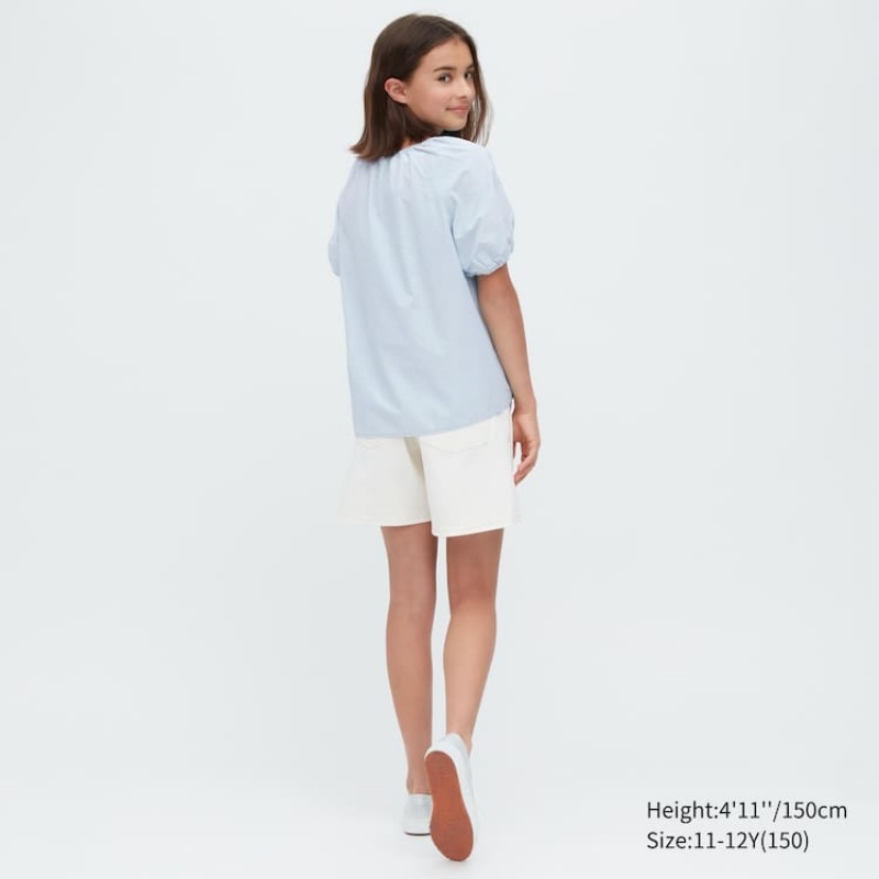 Kids' Uniqlo 100% Cotton Chambray Gathered Shirts Blue | XRUA-85126