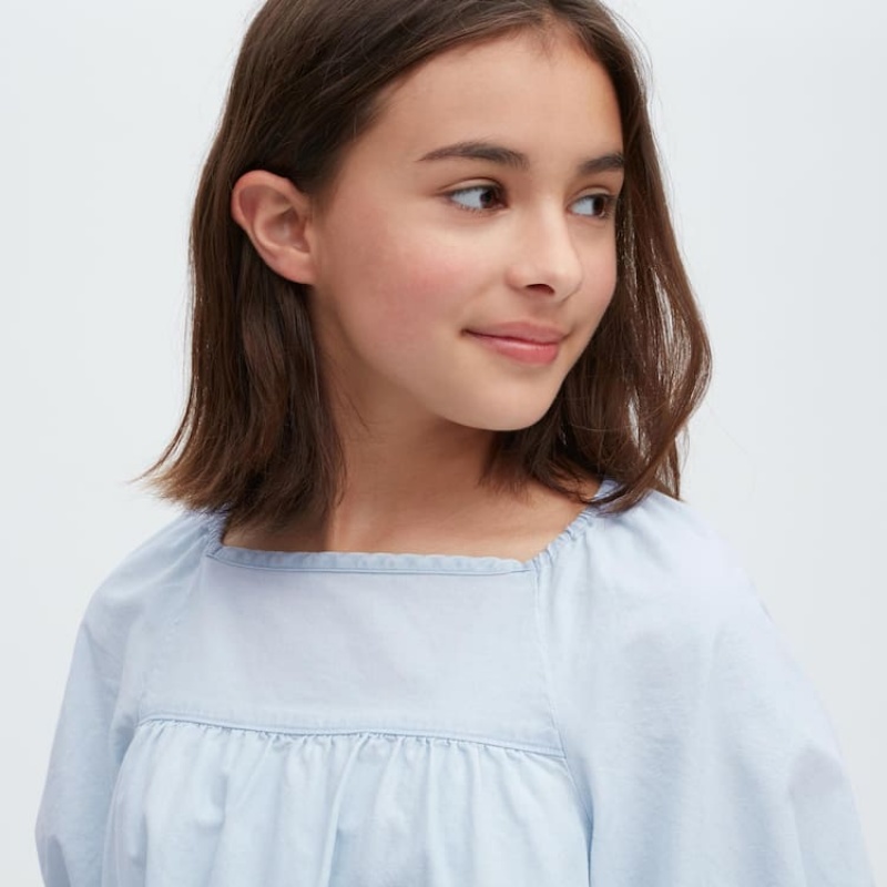 Kids' Uniqlo 100% Cotton Chambray Gathered Shirts Blue | XRUA-85126