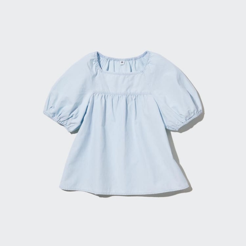 Kids' Uniqlo 100% Cotton Chambray Gathered Shirts Blue | XRUA-85126