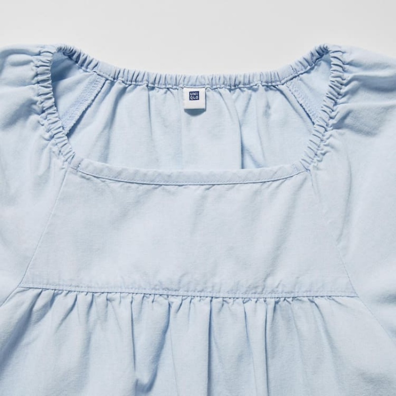 Kids' Uniqlo 100% Cotton Chambray Gathered Shirts Blue | XRUA-85126