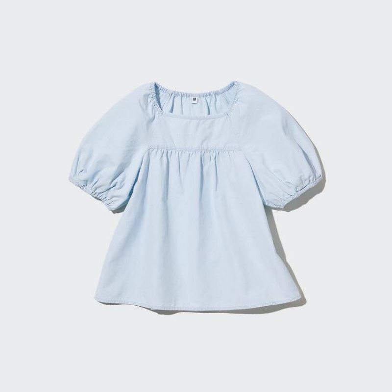 Kids' Uniqlo 100% Cotton Chambray Gathered Blouse Blue | FDKS-58709