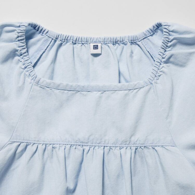 Kids' Uniqlo 100% Cotton Chambray Gathered Blouse Blue | FDKS-58709