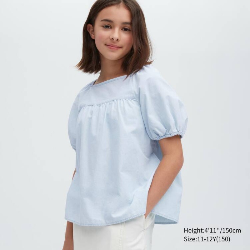 Kids\' Uniqlo 100% Cotton Chambray Gathered Blouse Blue | FDKS-58709