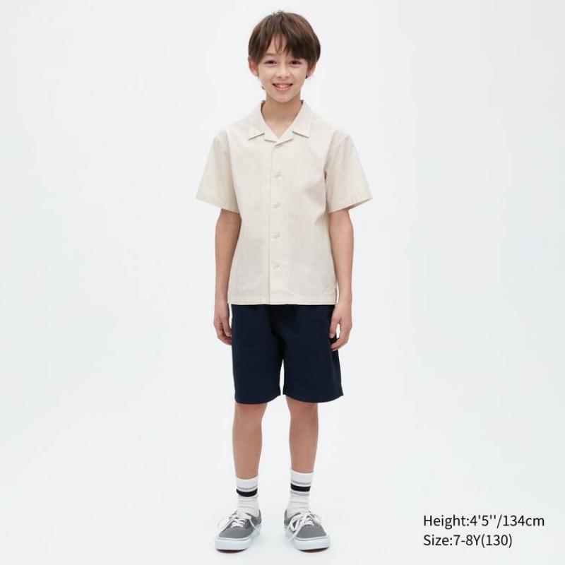 Kids' Uniqlo 100% Cotton Open Collar Short Sleeved Shirts Beige | RBAD-03762