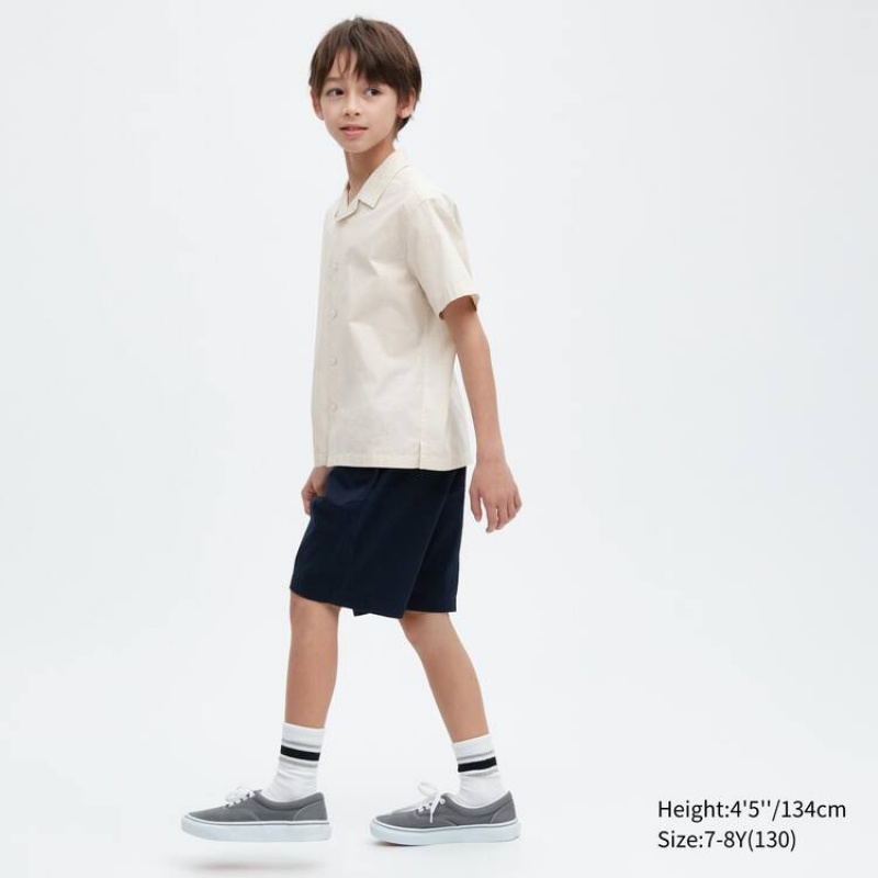 Kids' Uniqlo 100% Cotton Open Collar Short Sleeved Shirts Beige | RBAD-03762