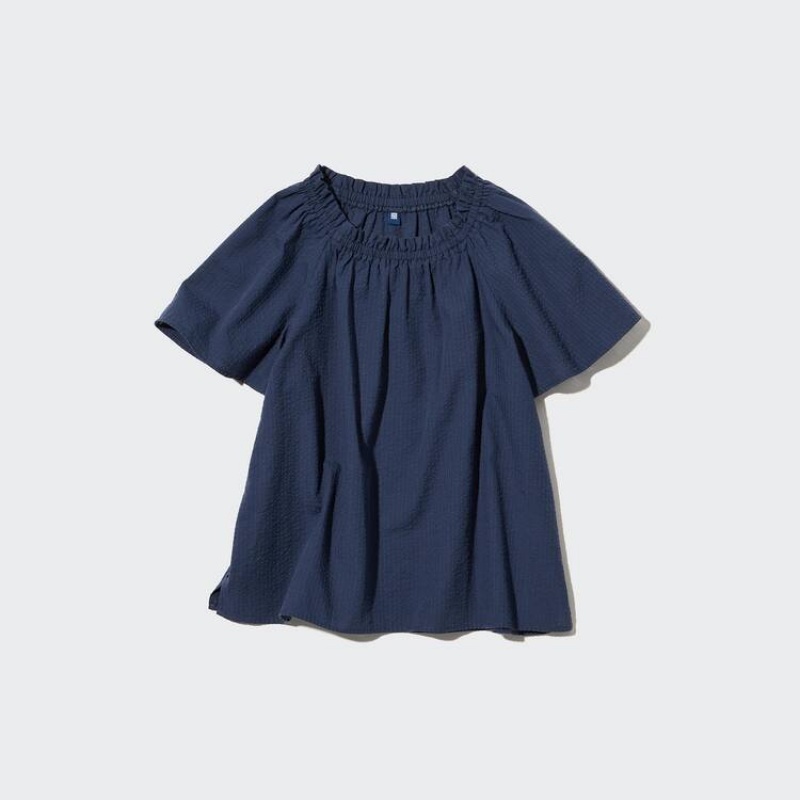 Kids' Uniqlo 100% Cotton Seersucker Short Sleeved Shirts Navy | DTZA-09536