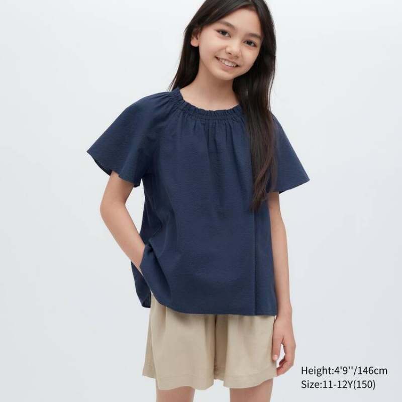 Kids\' Uniqlo 100% Cotton Seersucker Short Sleeved Shirts Navy | DTZA-09536