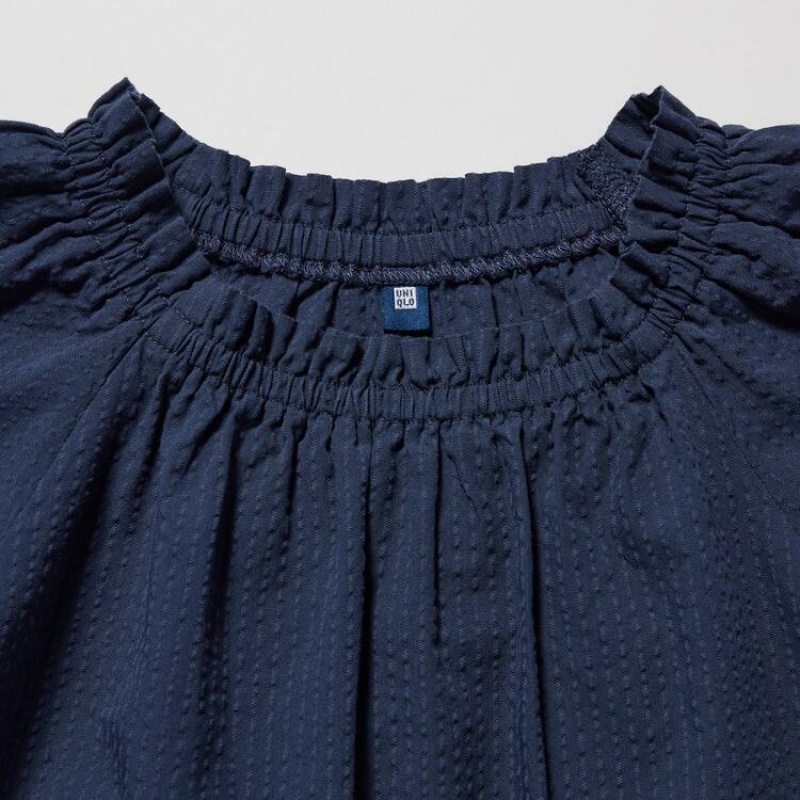 Kids' Uniqlo 100% Cotton Seersucker Short Sleeved Blouse Navy | JXZK-70612