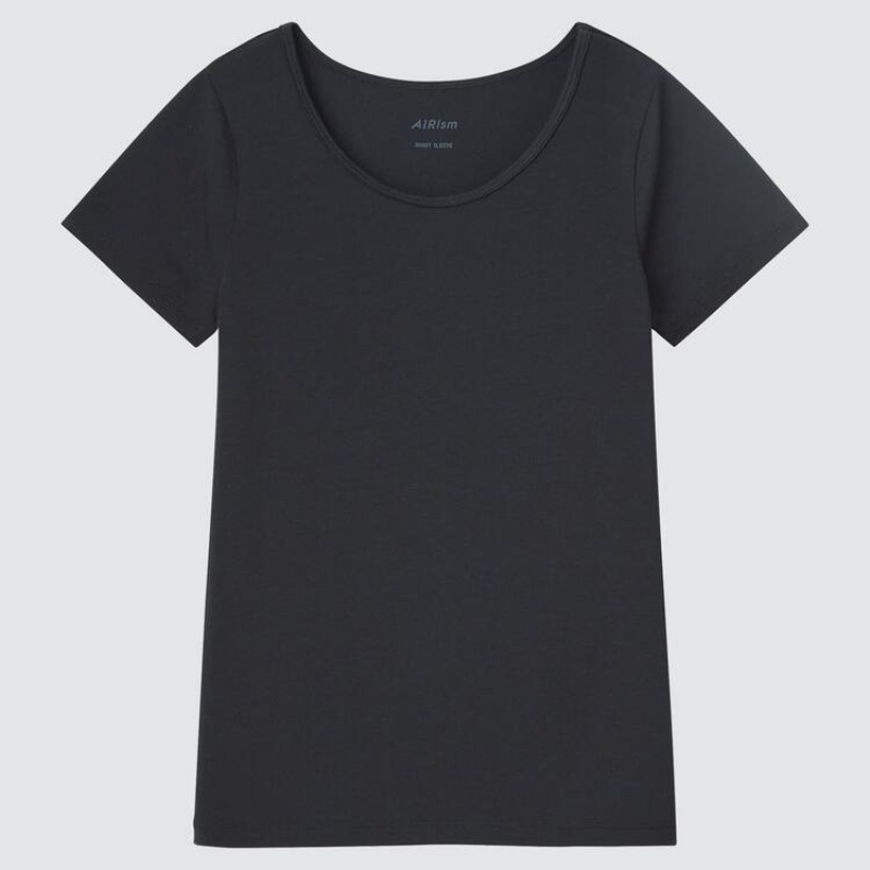 Kids' Uniqlo Airism Cotton Blend Scoop Neck Short Sleeved T Shirts Black | CLXT-16485