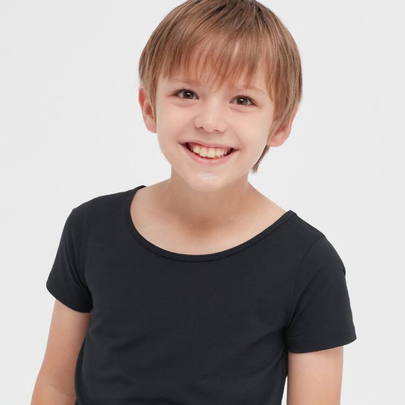 Kids' Uniqlo Airism Cotton Blend Scoop Neck Short Sleeved T Shirts Black | CLXT-16485