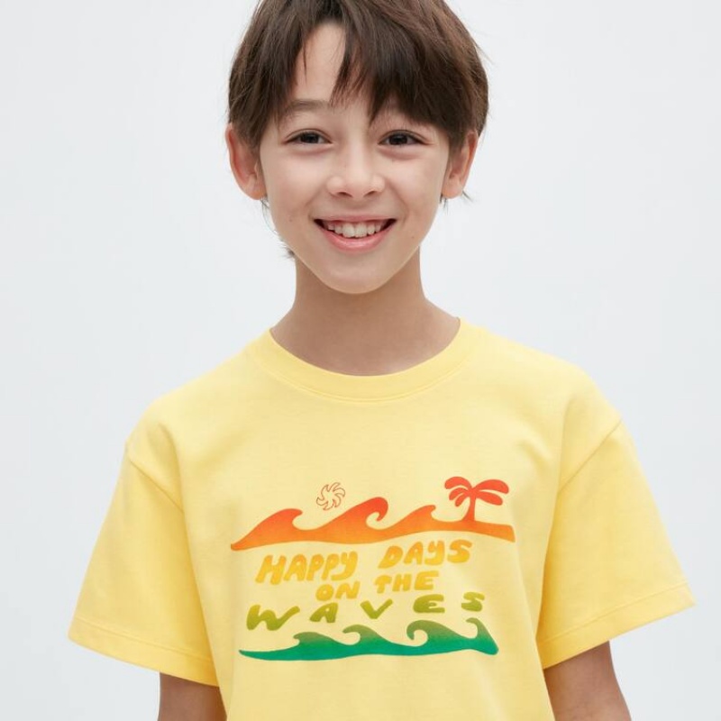 Kids' Uniqlo Airism Cotton Graphic Short Sleeved T Shirts Yellow | APCU-73096