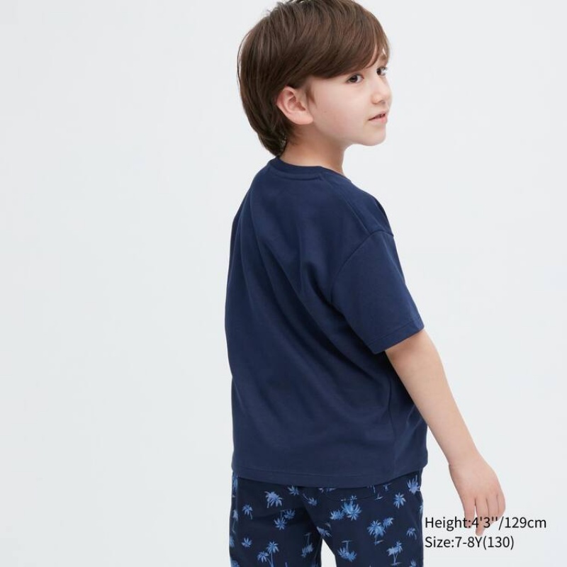 Kids' Uniqlo Airism Cotton Graphic Short Sleeved T Shirts Navy | TFIU-25610