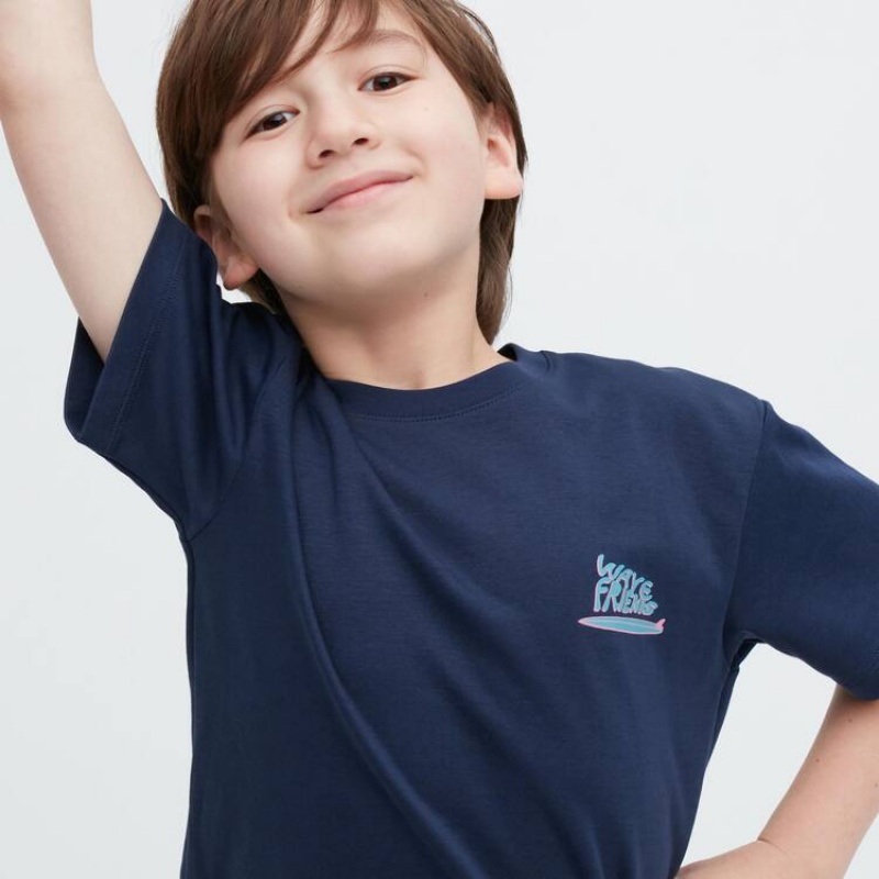 Kids' Uniqlo Airism Cotton Graphic Short Sleeved T Shirts Navy | TFIU-25610