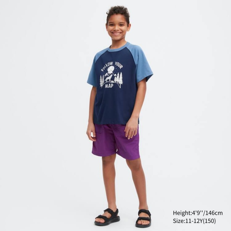 Kids' Uniqlo Airism Cotton Graphic Short Sleeved T Shirts Navy | FRWY-41723