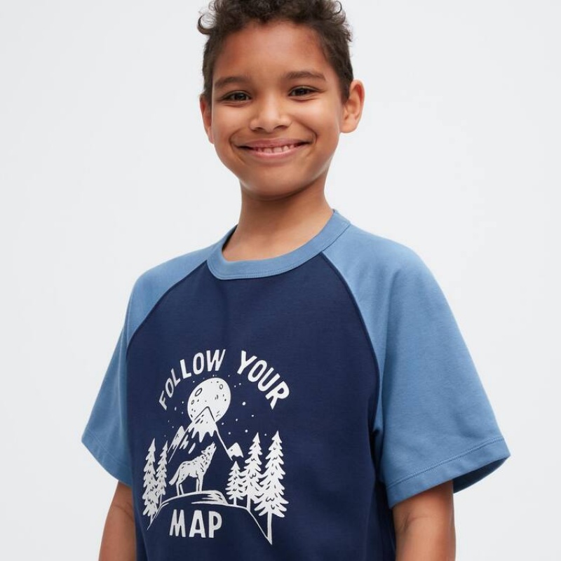 Kids' Uniqlo Airism Cotton Graphic Short Sleeved T Shirts Navy | FRWY-41723