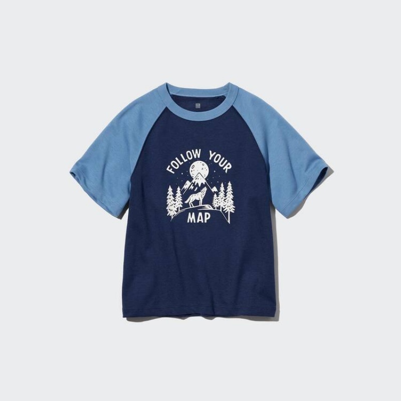 Kids' Uniqlo Airism Cotton Graphic Short Sleeved T Shirts Navy | FRWY-41723