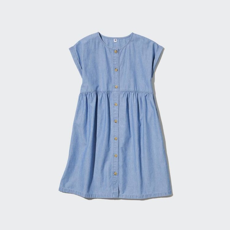 Kids' Uniqlo Chambray Gathered Short Sleeved Dress Blue | KGFL-39675