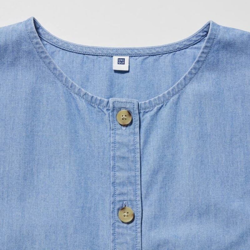 Kids' Uniqlo Chambray Gathered Short Sleeved Dress Blue | KGFL-39675