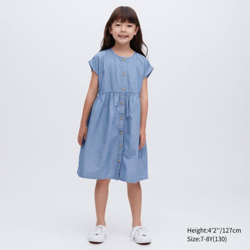 Kids' Uniqlo Chambray Gathered Short Sleeved Dress Blue | KGFL-39675