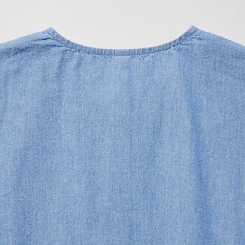 Kids' Uniqlo Chambray Gathered Short Sleeved Dress Blue | KGFL-39675