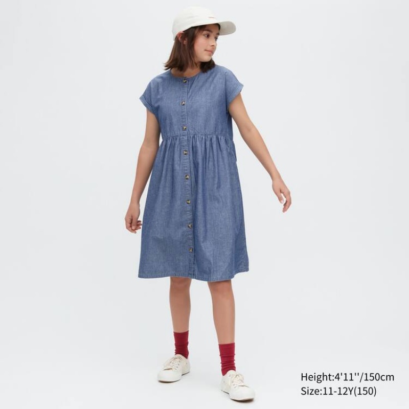 Kids\' Uniqlo Chambray Gathered Short Sleeved Dress Blue | KGFL-39675