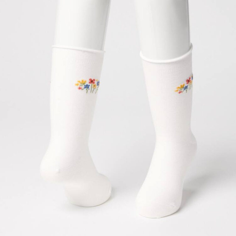 Kids' Uniqlo Flower Print Regular (Three Pairs) Socks White / Purple / Navy | OAIB-63475