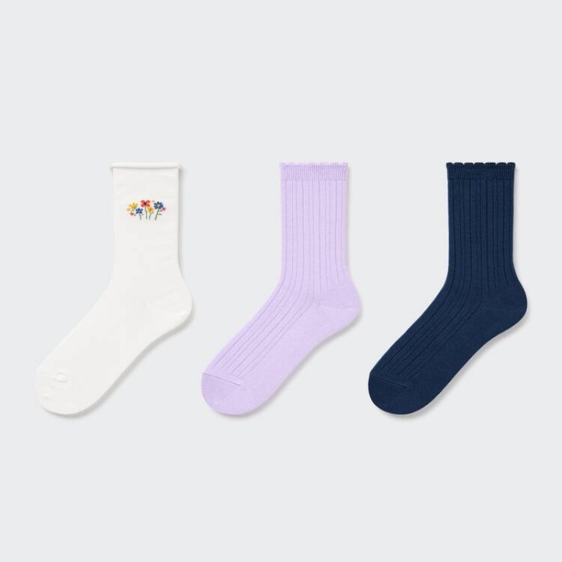 Kids\' Uniqlo Flower Print Regular (Three Pairs) Socks White / Purple / Navy | OAIB-63475