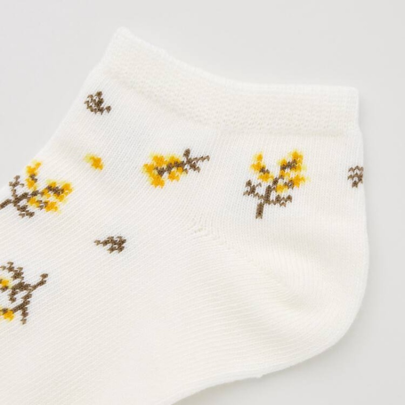 Kids' Uniqlo Flower Print Short (Three Pairs) Socks Cream / Yellow / Blue | GBOH-51284